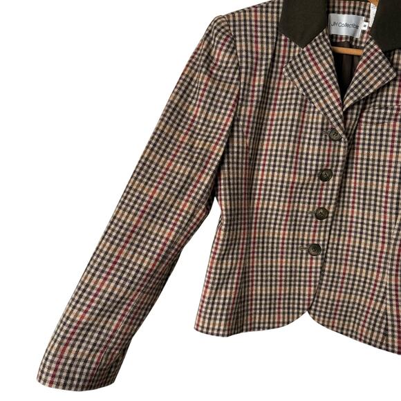Vintage 100% Wool Tweed Fitted Blazer Jacket in Brown Tan Houndstooth Plaid, 8 - Picture 6 of 13